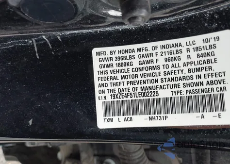 2020 Honda Insight Ex из США, поврежденный, VIN 19XZE4F51LE002225